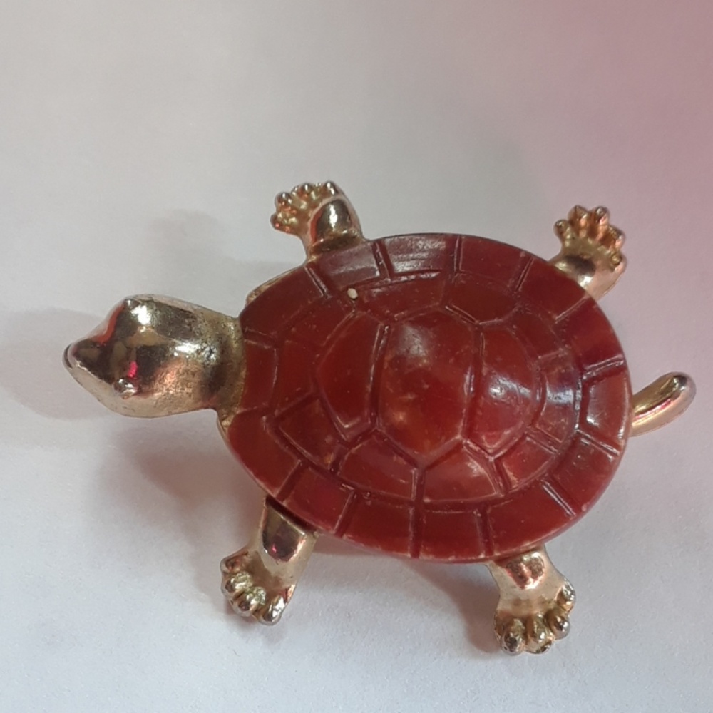 Gold Tone Brown Shell Turtle - image 1